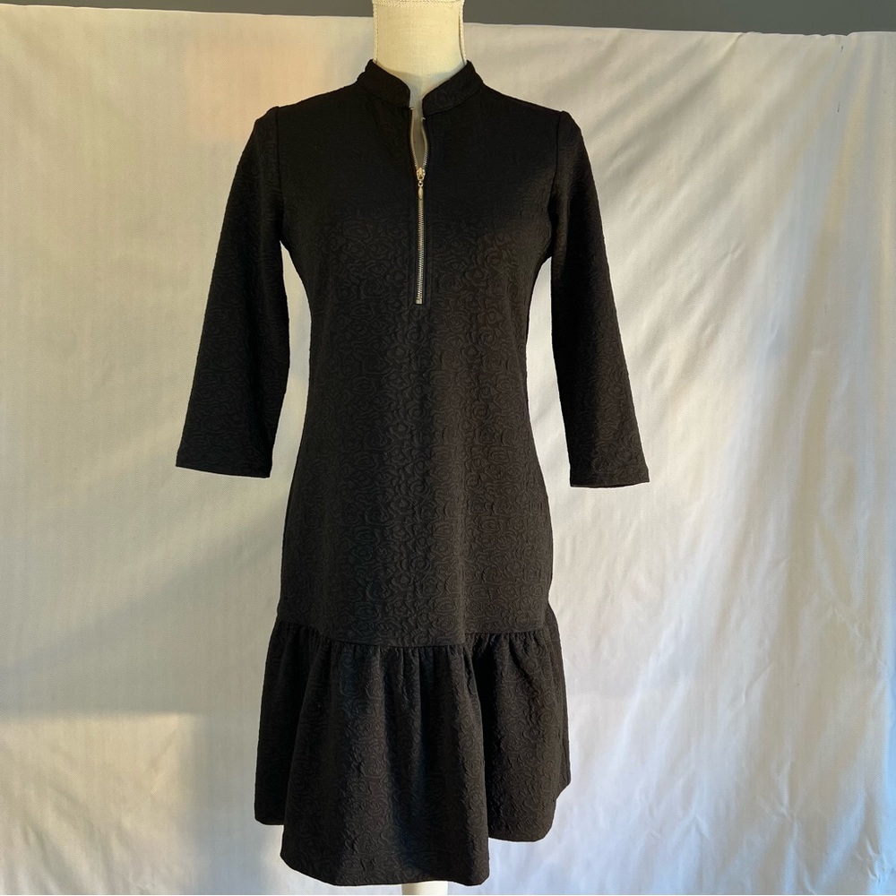 Joy Joy Black Dress Texture Mandarin Collar Zipper 3/4 Sleeves Flounce Hem S 👍